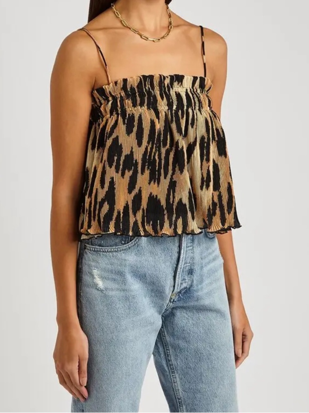 Ganni Brown and Black Leopard Print Plissé Camisole